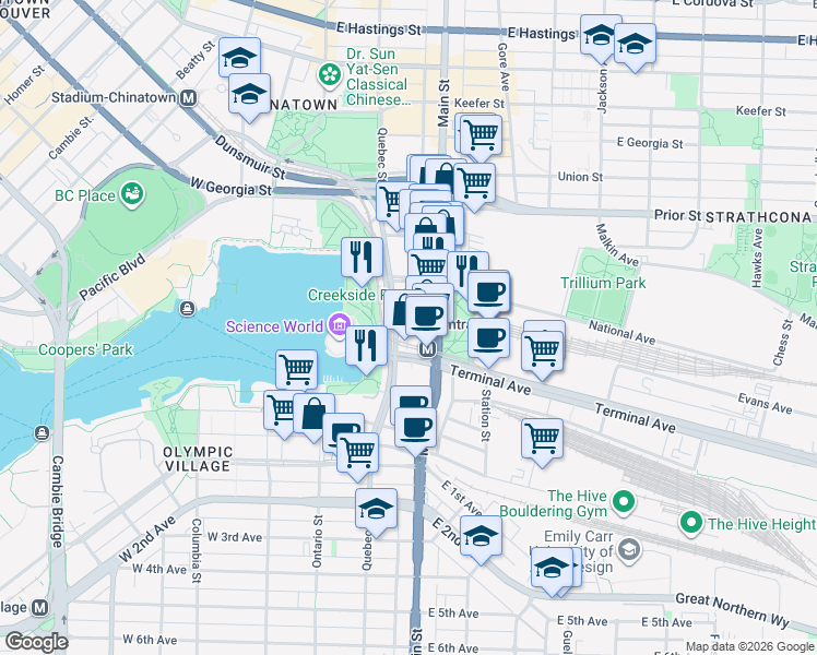 map of restaurants, bars, coffee shops, grocery stores, and more near 1238 Quebec Street in Vancouver
