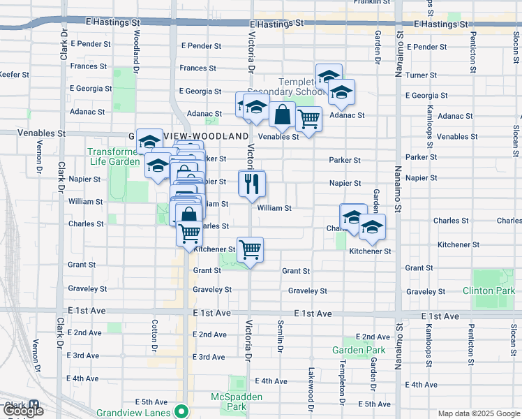 map of restaurants, bars, coffee shops, grocery stores, and more near 1924 William Street in Vancouver