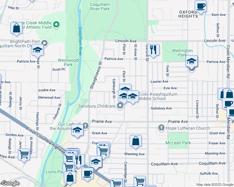 map of restaurants, bars, coffee shops, grocery stores, and more near 3380 Edinburgh Street in Port Coquitlam