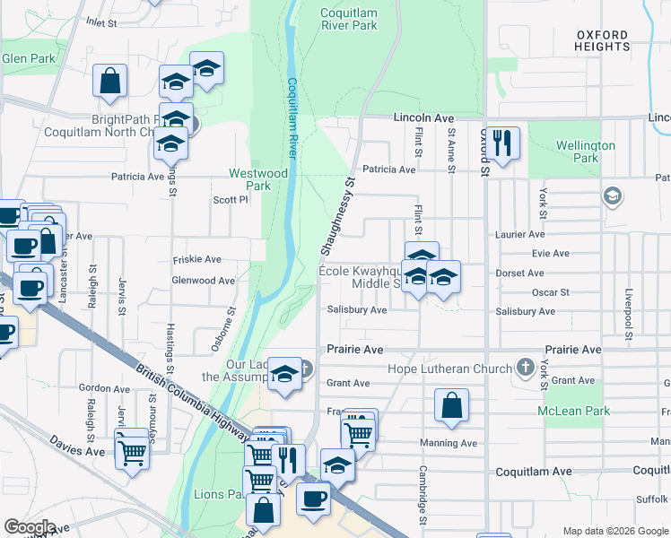 map of restaurants, bars, coffee shops, grocery stores, and more near 2160 Dorset Avenue in Port Coquitlam