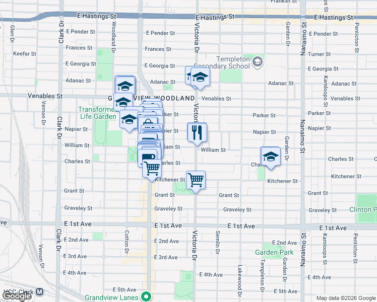 map of restaurants, bars, coffee shops, grocery stores, and more near 1854 William Street in Vancouver