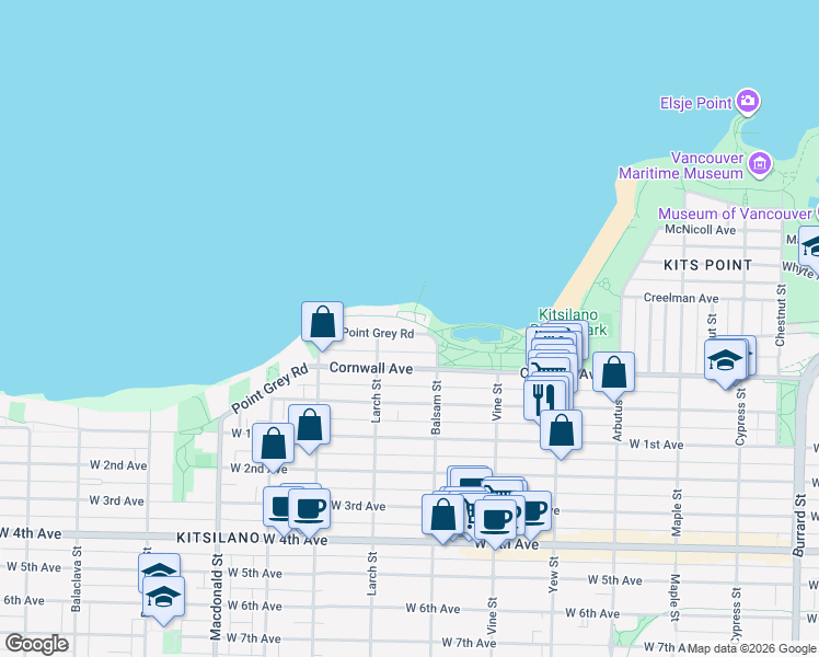 map of restaurants, bars, coffee shops, grocery stores, and more near in Vancouver