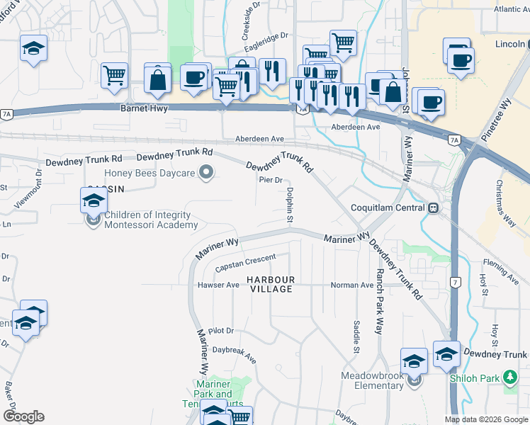 map of restaurants, bars, coffee shops, grocery stores, and more near 3200 Bosun Place in Coquitlam