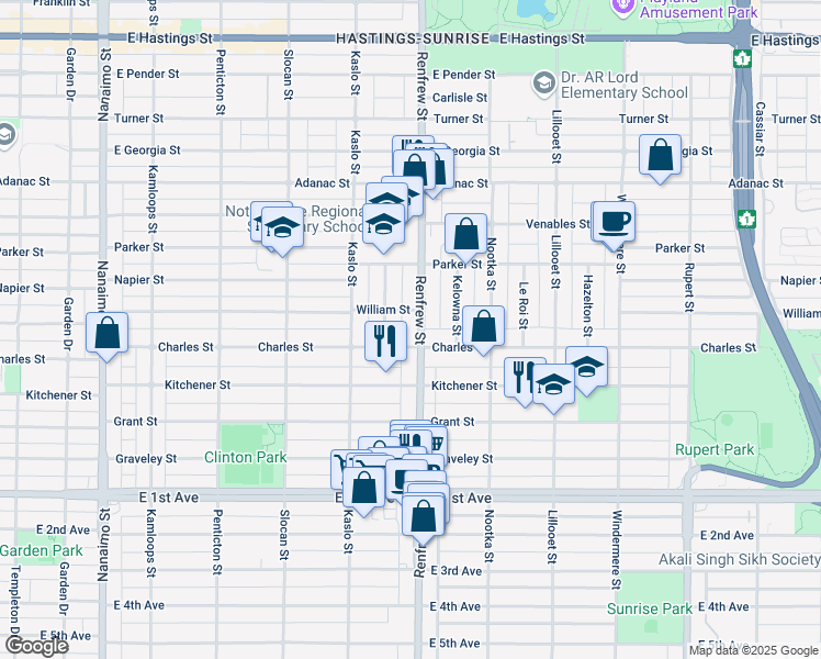 map of restaurants, bars, coffee shops, grocery stores, and more near 1259 Renfrew Street in Vancouver