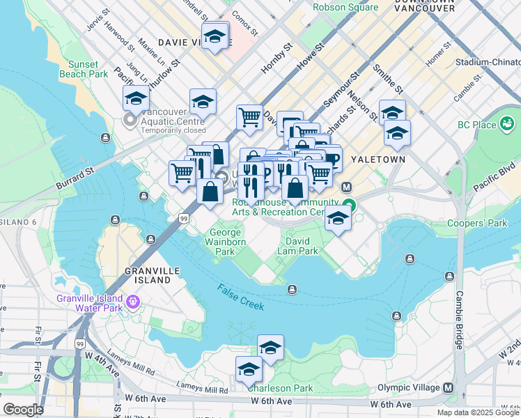 map of restaurants, bars, coffee shops, grocery stores, and more near 499 Pacific Street in Vancouver