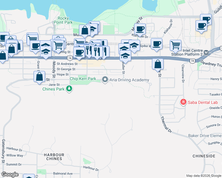 map of restaurants, bars, coffee shops, grocery stores, and more near 3099 Terravista Place in Port Moody