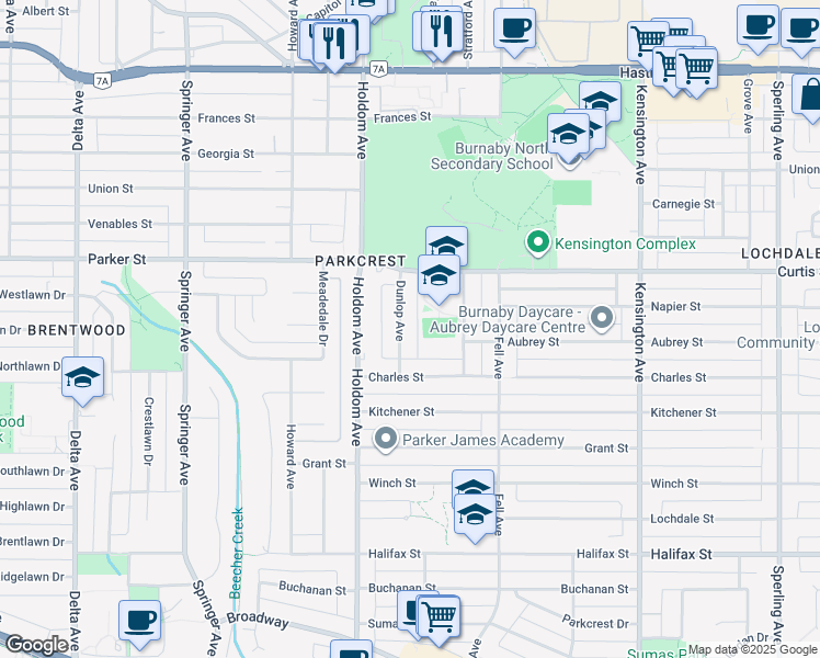 map of restaurants, bars, coffee shops, grocery stores, and more near 1150 Dunlop Avenue in Burnaby