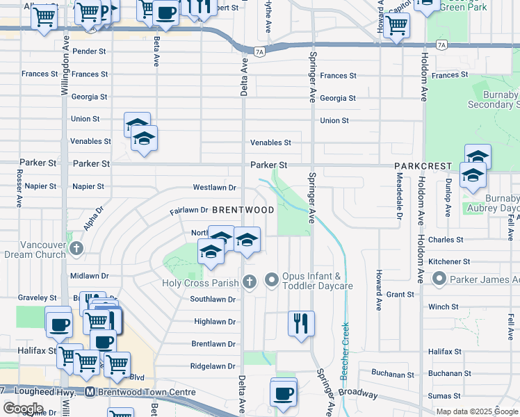 map of restaurants, bars, coffee shops, grocery stores, and more near 1205 Eastlawn Drive in Burnaby