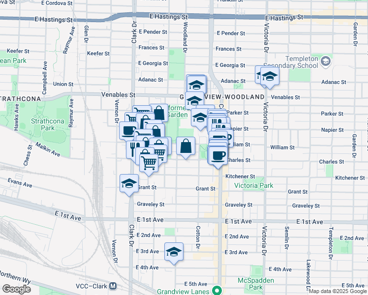 map of restaurants, bars, coffee shops, grocery stores, and more near 1524 William Street in Vancouver