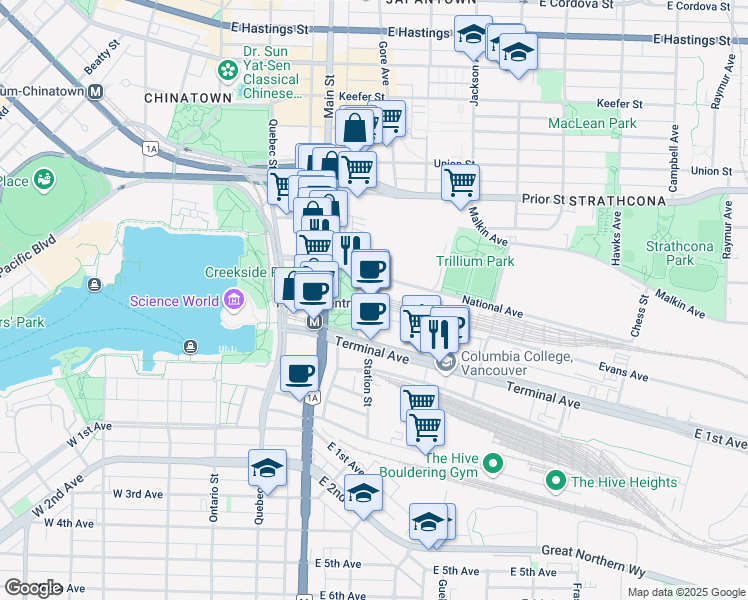 map of restaurants, bars, coffee shops, grocery stores, and more near 1150 Station Street in Vancouver