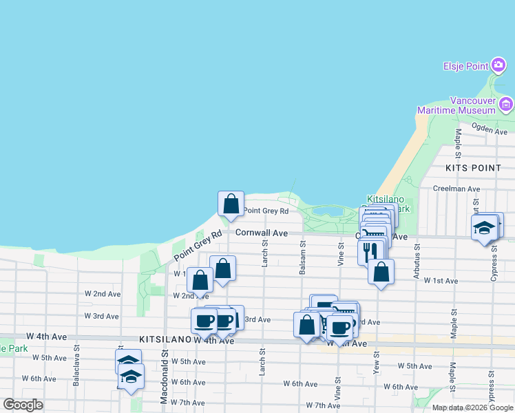 map of restaurants, bars, coffee shops, grocery stores, and more near 2523 Point Grey Road in Vancouver