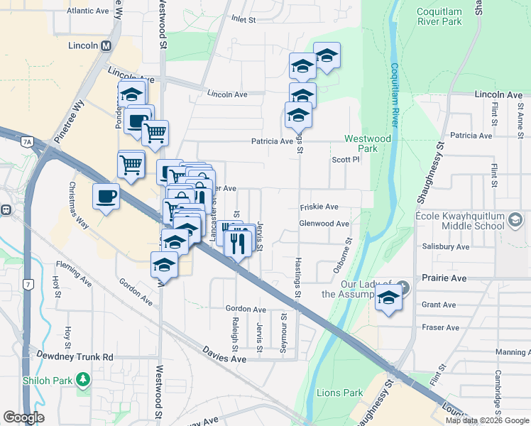 map of restaurants, bars, coffee shops, grocery stores, and more near 3450 Jervis Street in Port Coquitlam