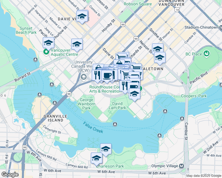map of restaurants, bars, coffee shops, grocery stores, and more near 1331 Homer Street in Vancouver