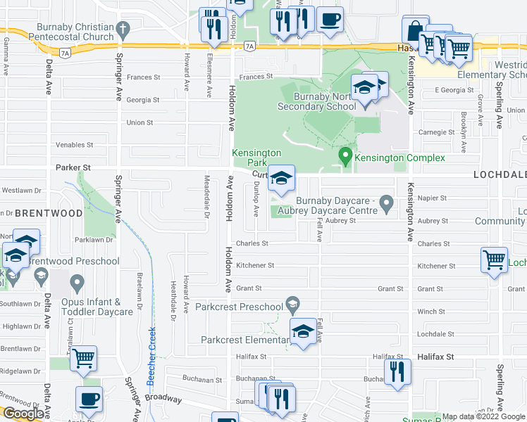 map of restaurants, bars, coffee shops, grocery stores, and more near 1150 Dunlop Avenue in Burnaby