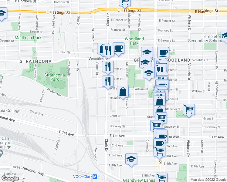 map of restaurants, bars, coffee shops, grocery stores, and more near 1376 William Street in Vancouver