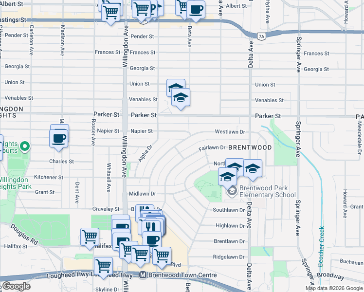 map of restaurants, bars, coffee shops, grocery stores, and more near 4708 Westlawn Drive in Burnaby