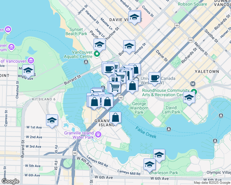 map of restaurants, bars, coffee shops, grocery stores, and more near in Vancouver