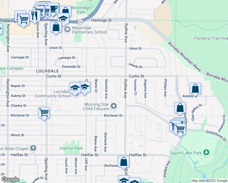 map of restaurants, bars, coffee shops, grocery stores, and more near 1129 Ridley Drive in Burnaby