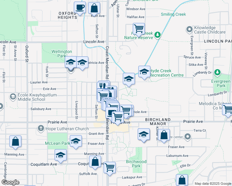 map of restaurants, bars, coffee shops, grocery stores, and more near 3410 Coast Meridian Road in Port Coquitlam
