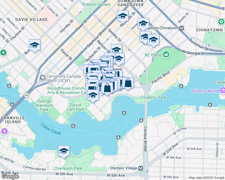map of restaurants, bars, coffee shops, grocery stores, and more near 198 Aquarius Mews in Vancouver