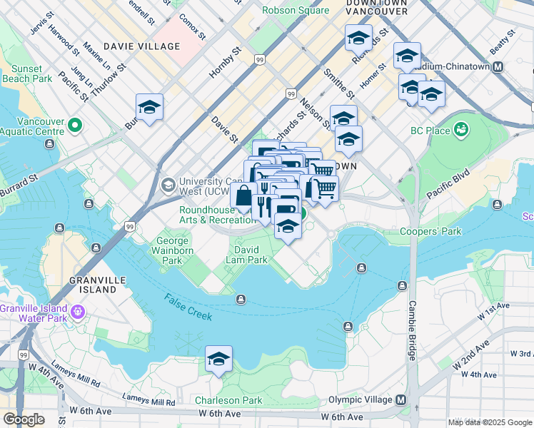 map of restaurants, bars, coffee shops, grocery stores, and more near 289 Drake Street in Vancouver