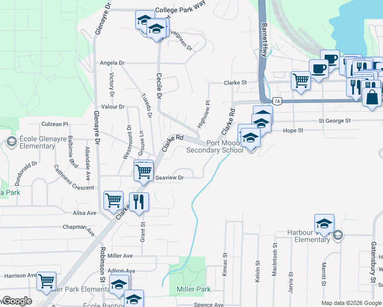 map of restaurants, bars, coffee shops, grocery stores, and more near 28 Mount Royal Drive in Port Moody