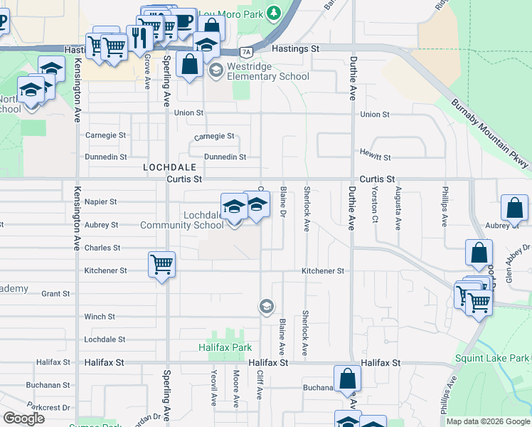 map of restaurants, bars, coffee shops, grocery stores, and more near 1183 Blaine Drive in Burnaby