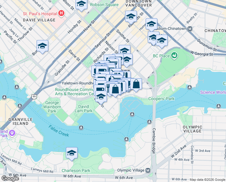 map of restaurants, bars, coffee shops, grocery stores, and more near 189 Davie Street in Vancouver