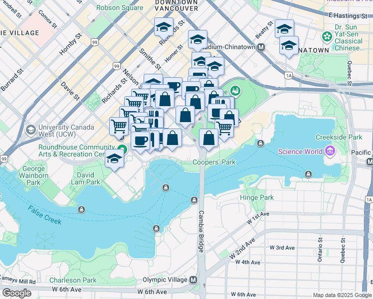 map of restaurants, bars, coffee shops, grocery stores, and more near in Vancouver