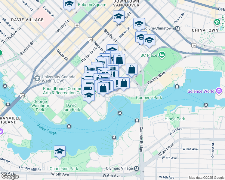 map of restaurants, bars, coffee shops, grocery stores, and more near 133 Aquarius Mews in Vancouver
