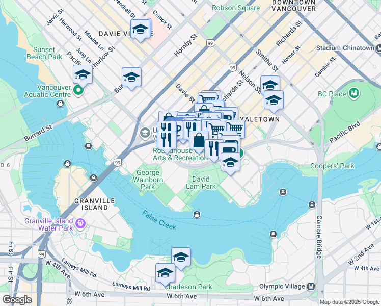 map of restaurants, bars, coffee shops, grocery stores, and more near 1331 Homer Street in Vancouver