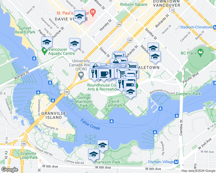 map of restaurants, bars, coffee shops, grocery stores, and more near 1331 Homer Street in Vancouver