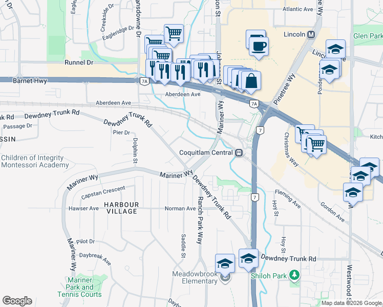 map of restaurants, bars, coffee shops, grocery stores, and more near 1112 Hansard Crescent in Coquitlam