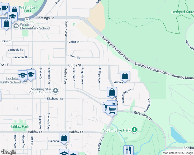 map of restaurants, bars, coffee shops, grocery stores, and more near 1155 Phillips Avenue in Burnaby