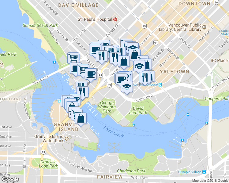 map of restaurants, bars, coffee shops, grocery stores, and more near 550 Pacific Street in Vancouver