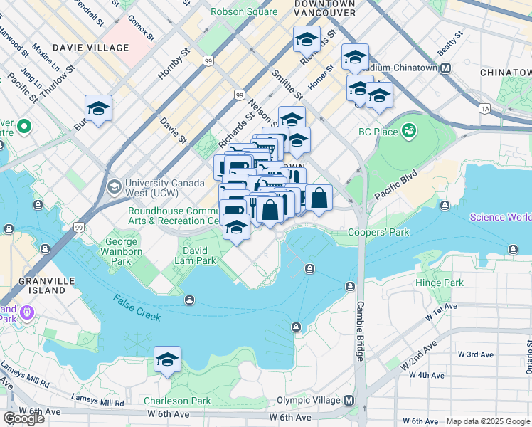 map of restaurants, bars, coffee shops, grocery stores, and more near in Vancouver