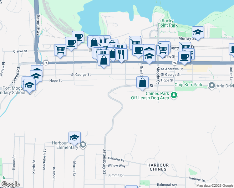 map of restaurants, bars, coffee shops, grocery stores, and more near Noble Court in Port Moody