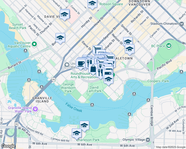 map of restaurants, bars, coffee shops, grocery stores, and more near 1318 Homer Street in Vancouver