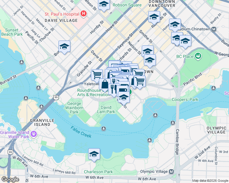 map of restaurants, bars, coffee shops, grocery stores, and more near 289 Drake Street in Vancouver