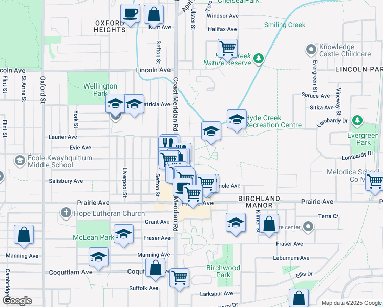 map of restaurants, bars, coffee shops, grocery stores, and more near 3440 Coast Meridian Road in Port Coquitlam