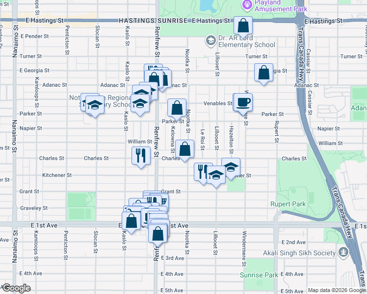 map of restaurants, bars, coffee shops, grocery stores, and more near in Vancouver