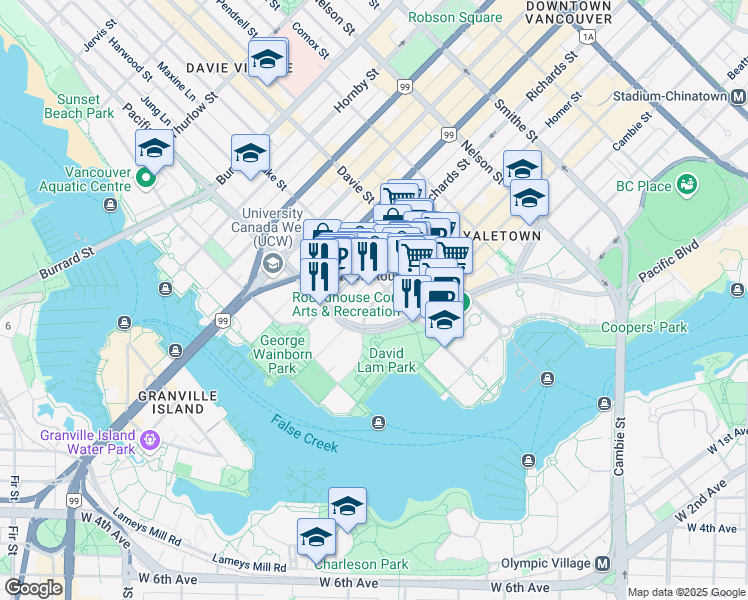 map of restaurants, bars, coffee shops, grocery stores, and more near 1331 Homer Street in Vancouver