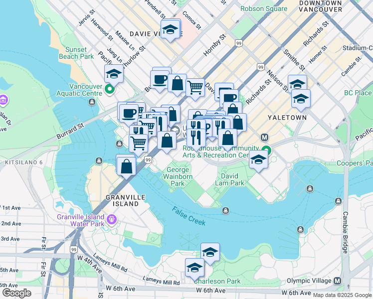 map of restaurants, bars, coffee shops, grocery stores, and more near in Vancouver