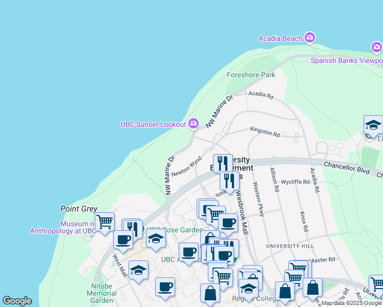 map of restaurants, bars, coffee shops, grocery stores, and more near 5934 Northwest Marine Drive in Vancouver