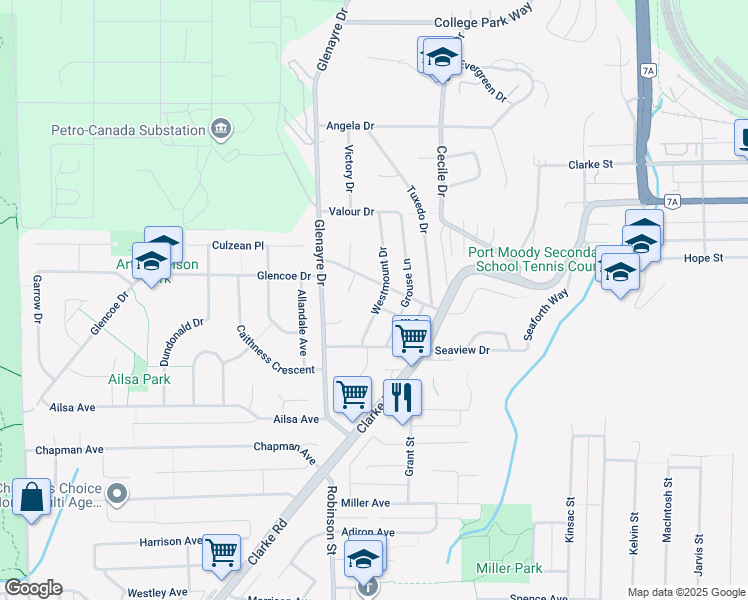 map of restaurants, bars, coffee shops, grocery stores, and more near 937 Westmount Drive in Port Moody