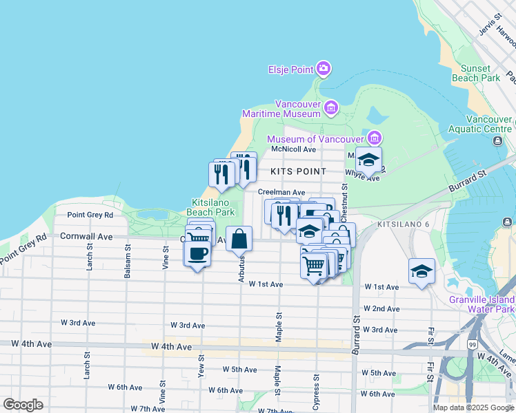 map of restaurants, bars, coffee shops, grocery stores, and more near 1335 Laburnum Street in Vancouver