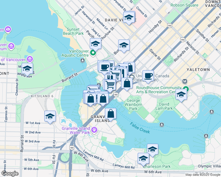 map of restaurants, bars, coffee shops, grocery stores, and more near 1600 Howe Street in Vancouver
