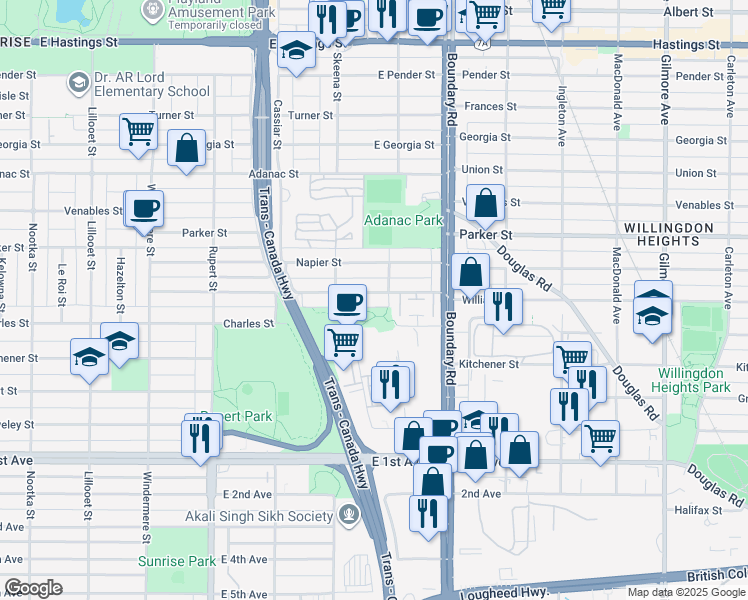 map of restaurants, bars, coffee shops, grocery stores, and more near 3580 William Street in Vancouver