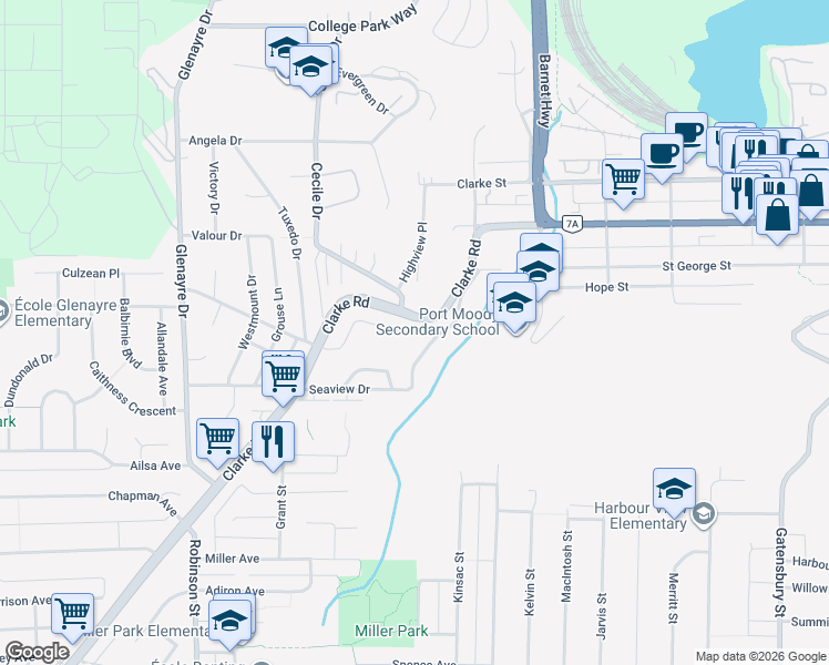 map of restaurants, bars, coffee shops, grocery stores, and more near 16 Mount Royal Drive in Port Moody
