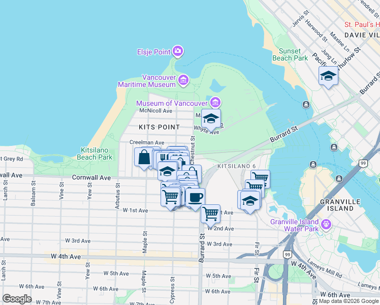map of restaurants, bars, coffee shops, grocery stores, and more near 1339 Chestnut Street in Vancouver